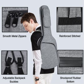 MUZTOP 39 Inch Electric Guitar Bag Soft Guitar Case, 11 MM Thick Padded Electric Guitar Gig Bag Waterproof Guitar Backpack with Pockets, Grey