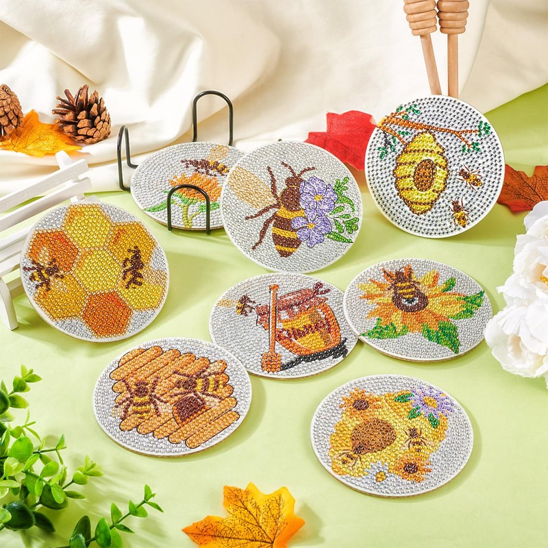 BB Beadthoven Beadthoven 8 Pieces Bee Motif Diamond Painting Coasters