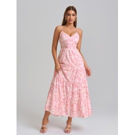 HTZMO Women Casual Summer Floral Maxi Sundress V Neck Spaghetti Strap Bow Tie Backless Flowy Boho Beach Long Dress 2025 Pink Floral L