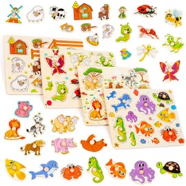 THE TWIDDLERS - 4 Bright Wooden Puzzles for Early Education, Childrens Animal Peg Board, Perfect Jigsaw Puzzles for Home or School, Kids Birthdays, Christmas Stocking Fillers