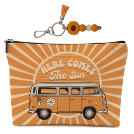 Retro Bus Makeup Bag for Women Lady Bestie, Sunshine Large Capacity Makeup Pouch Travel Organizer Toiletry Cosmetic Bag, Orange Sunflower Silicone Beaded Keychain with Tassel, Gifts for Women