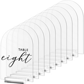 Letrero acrílico de arco de 4 x 6 pulgadas con soporte transparente, paquete de 10 letreros de mesa de acrílico arqueado transparente con soportes, letrero de arco acrílico para mesa de boda, número, menú, lista de barras