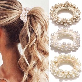 BARTOSI Pearl Hair Scrunchies Champagne Beaded Hair Ties Elastic Ponytail Holders Hair Bands Hair Accessories for Women and Girls (Pack of 3)