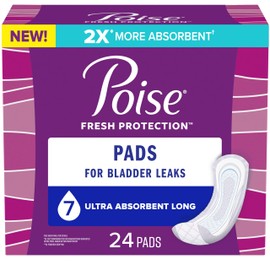 Poise Incontinence Pads & Postpartum Incontinence Pads, 7 Drop Ultra Absorbency, Long Length, 24 Count, Packaging May Vary
