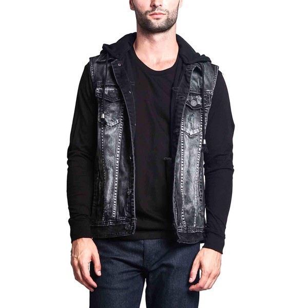 VICTORIOUS Detachable Hood Denim Jean Vest Jacket DK108 - Distressed