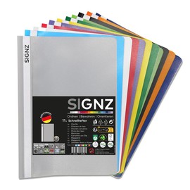 SIGNZ File Folder DIN A4, Sturdy, Pack of 11, 11 Colours, Transparent Cover, CO2 Neutral, Made from Recyclable Plastic (PP), FSC Mix 70%, Made in Germany