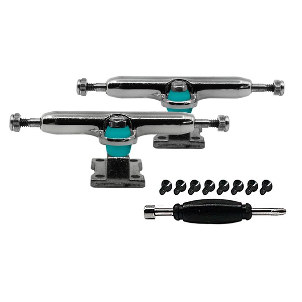 Teak Tuning Prodigy Fingerboard Trucks with Upgraded Lock Nuts, Silver Chrome Colorway - 32mm Wide - Professional Shape, Appearance & Components - Includes Pro Duro 61A Bubble Bushings in Teak Teal