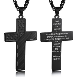 MeMeDIY 18+2 Inch Cross Necklace American Flag Cross Necklace for Men Stainless Steel Inspirational Bible Verse Cross Pendant Gold/Silver/Black Cross Chain Patriotic Jewelry (Black-10)