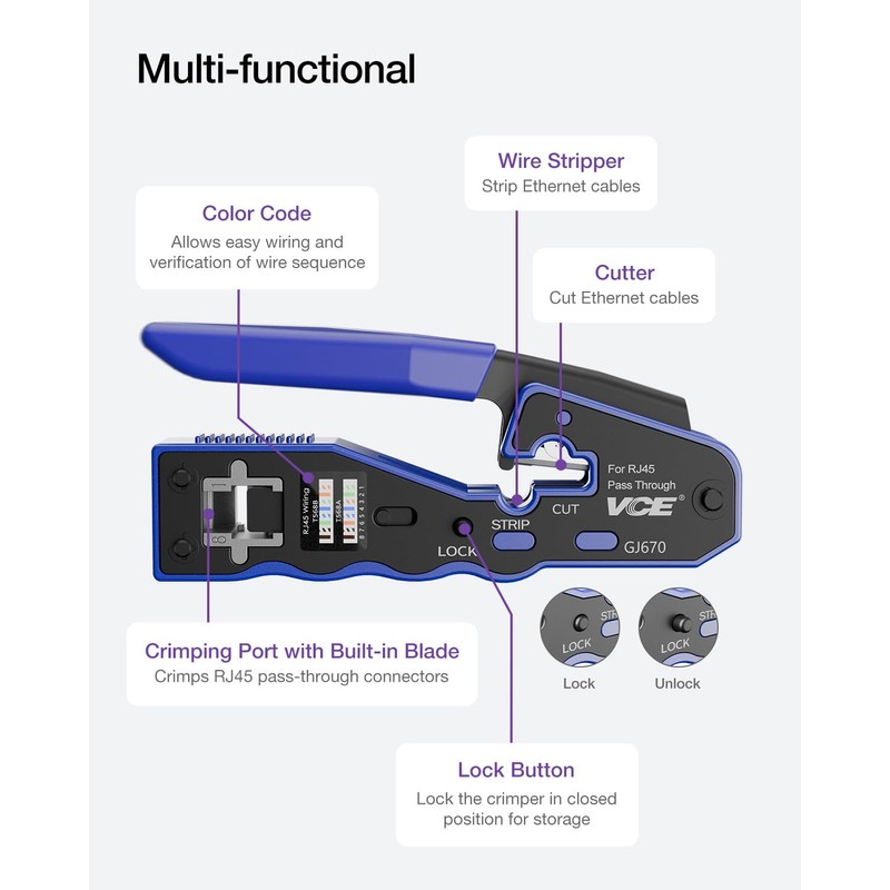 VCE RJ45 Crimper Pass Through, Ethernet Crimping Tool for Cat6