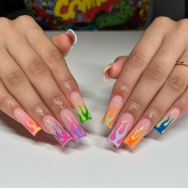 SINHOT Square Press on Nails Long - Colorful Flame Fake Nails Glossy Glue on Nails Rainbow Fire Acrylic Nail Supplies Squoval Artificial Nail Art Stick on False Nails with Design DIY 24 pcs