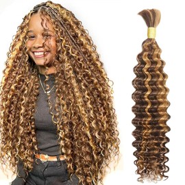 Human Braiding Hair for Boho Braids Deep Wave Bulk Human Hair for Braiding 26 Inch 1 Bundle 50g Highlight Ombre 4/27 Brazilian Wet and Wavy Curly Human Hair Extensions No Weft Bundles
