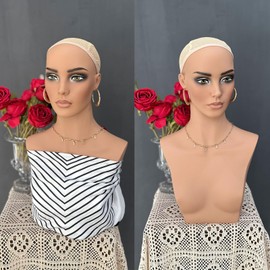 JINGFA Realistic Female Mannequin Head with Shoulders for Wigs Earrings Hats Display,Glam Half Body Mannequin Head Wig Head Stand JF-DP487-YH2