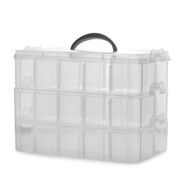 Pukkr 3 Tier Stackable Craft Storage Box – 30 Adjustable Compartments, Clear Plastic Organiser with Carry Handle – Ideal for Beads, DIY, Tools & Art Supplies
