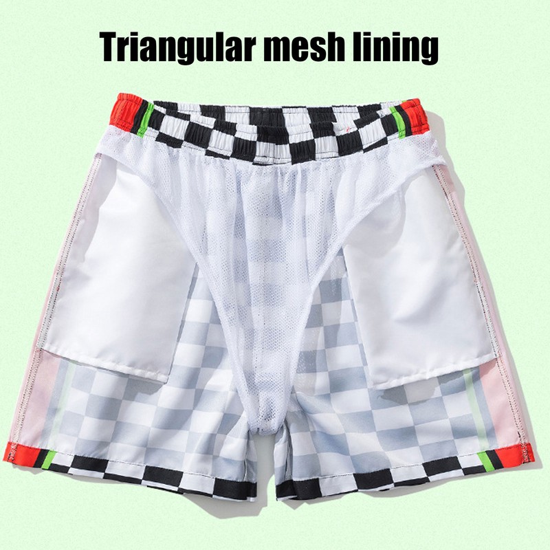 Summer Breathable Beach Shorts Men Black White Plaid Fashionable Casual