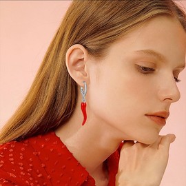 Dreuyet Italian Horn Hoop Earrings and Necklace for Women Dainty Enamel Red Chili Pepper Shaped Horn Pendant Chain Necklace Talisman Protection Jewelry Lucky Amulet Cornicello Charm Necklaces, Alloy