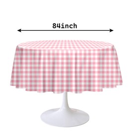RINDOJIN 2 Pack Pink Gingham Tablecloth Round 84 x 84 Inch Round Plastic Checkered Table Cloth Disposable Plaid Table Cover for Picnic Party Birthday Wedding Baby Shower Circle Pink Tablecloth