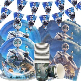 Doyomtoy Robot Party Decoration, 61 Pieces Game Party Accessory Set, Robot Party Plates, Paper Cups, Paper Towels, Flags, Suitable for Children's Birthday Party, Baby Shower