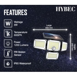 HYBEC - Solar Lamp with Motion Sensor, Motion Sensor Outdoor with Light Solar LED Spotlight Solar with Motion Sensor Outdoor Garden Solar Light with Motion Sensor Solar Lamp Motion Sensor (Pack of 1)