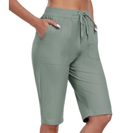 MoFiz Women's Hiking Golf Short with Pocket 13" Casual Travel Lightweight Summer Knee Length Short Green,XS