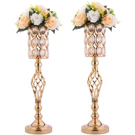 24in Metal Diamond Crystal Wedding Centerpiece Vases for Tables Set of 2, Gold Road Lead Tall Flower Holders Centerpiece Flower Stands for Wedding Party Reception Dining Room Living Room Décor