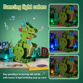FaCraft Dinosaur Musical Birthday Cards for Kids - Music and Lights 3D Pop Up Funny Birthday Gift Cards for Boys Women Men Husband Mom Kids Friend Grandpa Grandma
