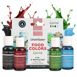 Chefmaster - Holiday Colors Liqua-Gel Food Coloring Kit - Water-Based Food Coloring Gel - 4 Pack - Highly Pigmented, Create Vividly Colored Desserts, Christmas, XMas - Made in the USA