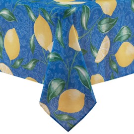 Newbridge Mediterranean Lemon Zest Indoor/Outdoor Print Fabric Tablecloth, French Provence Blue and Yellow Lemon Design Water and Stain Resistant Tablecloth, 60 Inch x 120 Inch Oblong/Rectangle