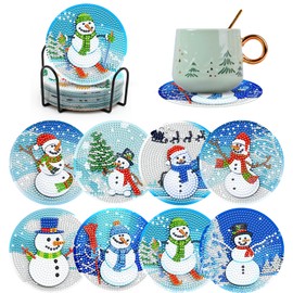 8 Pieces Christmas Diamond Art Cup Coaster DIY Snowman Diamond Mosaic Painting Coaster with Holder 5D Winters Rhinestones Full Drill Diamond Coasters for Beginners Kids Adult Crafts Hobbies Kits Gift