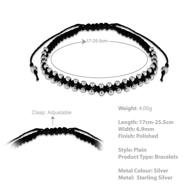 Tuscany Silver Beaded Black Friendship Rope Bracelet