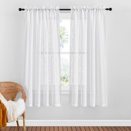 PONY DANCE White Curtains, Short, Semi-Transparent Linen Look Curtain, White Decorative Curtains, Linen Curtains with Rod Pocket, Window Curtain, 145 x 140 cm (HxW), Pack of 2