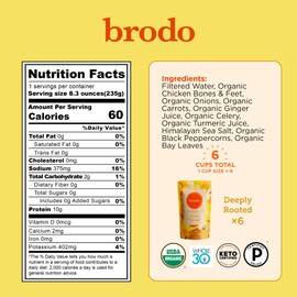 Brodo Deeply Rooted Organic Chicken Broth with Turmeric & Ginger, Nutrient-Rich Chicken Bone Broth Organic, High in Protein and Collagen for Wellness and Cooking, (6X 8.3 oz. Pouches)