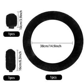 Lenkradbezug Plüsch, 3 Stück Universal-Lenkradhüllen, Auto-Lenkrad Bezug mit Handbremsenbezug/Schaltgetriebebezug, Lenkradabdeckung 36–39 cm, Auto Winter Zubehoerweich rutschfest Flauschig (Schwarz)