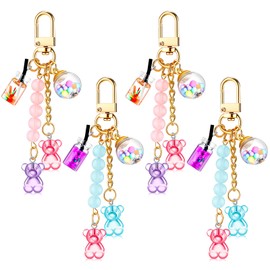 Ecally 4 Pcs Cute Resin Bear Keychain Macaron Bear Keychains Candy Pendant Jewelry Gift Bag Key Ring Accessories for Girl Women (Blue Pink,Purple Pink)