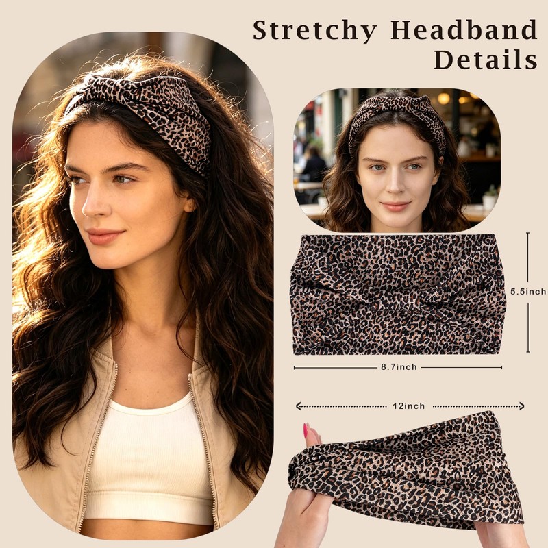 6 P Leopard Print Knotted Bow Headbands for Women, Wide