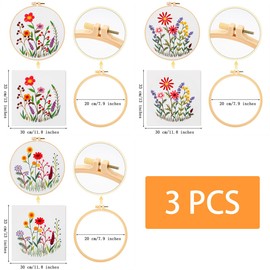 Traziewell Embroidery Kits for Beginners Adults Beginners Embroidery Kit 3 Pack Embroidery Cloths with Floral Patterns Colored Thread Instructions Needles and Hoops Cross Stitch Kit 1720