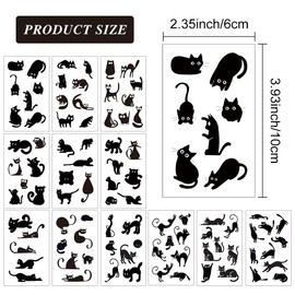 12 Sheets Black Cat Temporary Tattoos, Minimalist Black & White Cat Tattoo Stickers Set, Variety Poses Silhouette Sitting Lying Jumping Stretching Side View Back View Big Eye Cartoon Abstract Line