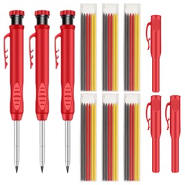 Satiskid 3 Pack Carpenter Pencil with 36 Refills & 3 Protective Covers, 2.8mm Solid Carpenter Pencil Refills, Heavy Duty Construction Pencils Built in Sharpener, Deep Hole Marke, Woodworking Tools