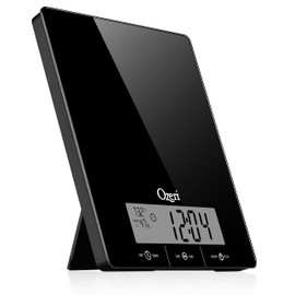 Ozeri Touch III 22 lbs (10 kg) Kitchen Scale in Tempered Glass, with Clock, Temperature & Humidity Gauge