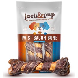 Jack&Pup Pork Femur Dog Bones for Aggressive Chewers (3 Pack) - 10" All Natural Gourmet Twist Bacon Dog Bones for Large Dogs - Long Lasting Dog Chew Bone - Real Smoked Flavored Dog Chews