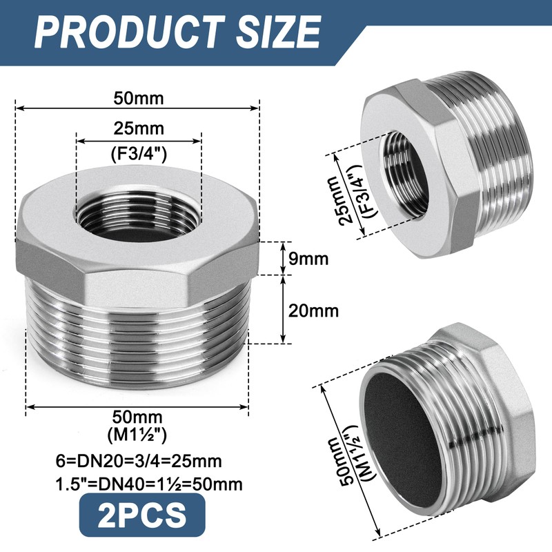 Reducer with Hexagonal 304 Stainless Steel, AG 1-1/2 Inch x