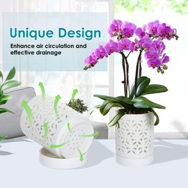 mwellewm Orchid Pot with Holes Ceramic Plant Pots Indoor Outdoor Flower Pots for Repotting with Drainage and Saucer 4 Inch Breathable Slotted Orchids Planter (White)