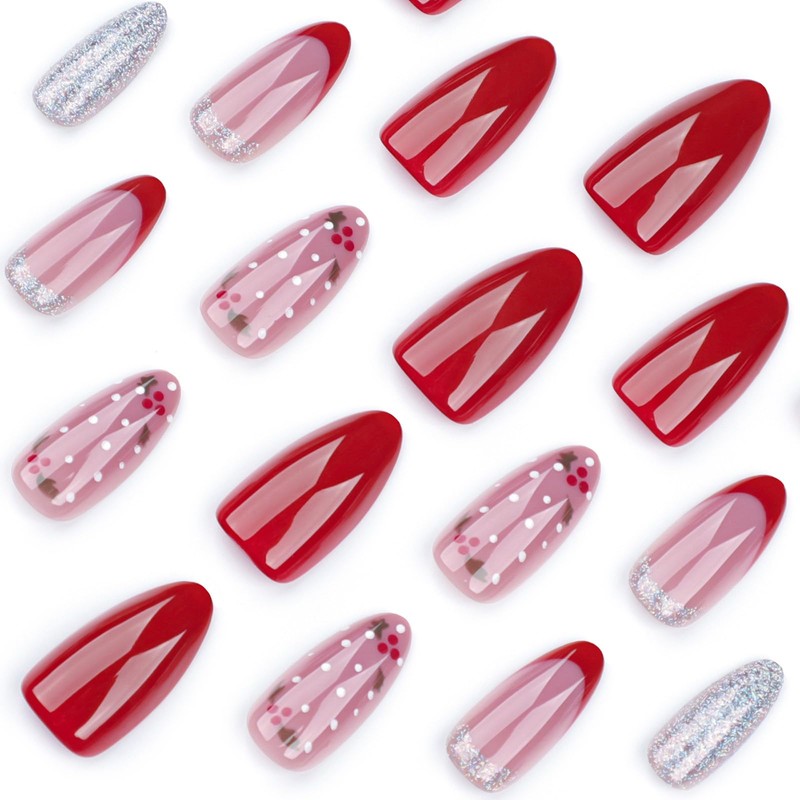 Caiguoer Pack of 24 Christmas False Nails Red Short Oval