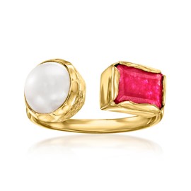 Ross-Simons 8-8.5mm Cultured Pearl and 1.50 Carat Pink Quartz Toi Et Moi Ring in 18kt Gold Over Sterling. Size 8