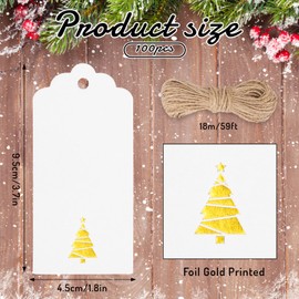 JarThenaAMCS 100Pcs Christmas Paper Gift Tags Gold Foil Tree Xmas Hanging Labels with Hemp Rope for Holiday Party Favor Decor Supplies