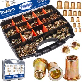 Tnisesm 1000Pcs SAE & Metric Rivet Nut Assortment Kit, Galvanized Carbon Steel Flat Head Threaded Insert Nuts 6-32, 8-32, 10-24, 1/4-20, 5/16-18, 3/8-16, 1/2-13 M3 M4 M5 M6 M8 M10 M12 Nutsert Set