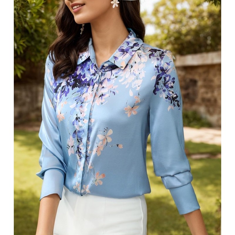 MAAYKOM Women's Printed Flowers Commercial Long Sleeved Casual Loose Lapel