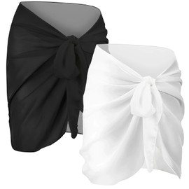 MooonGem 2pcs Beach Cover Up for Women, Chiffon Sarong Swimsuit Coverup for Pool, Summer Resort Wear Black White (Black+White, S)