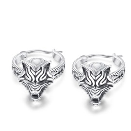 Viking Wolf Earrings 925 Sterling Silver Viking Earrings Black Vintage Hoop Earrings for Men Women Viking Jewelry Gifts, Sterling Silver, No Gemstone