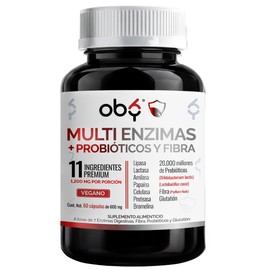 Oby Multi Enzimas digestivas, Probióticos | 7 tipos enzimas + Probióticos Bifidobacterium y Lactobacilos + Fibra Psyllium Husk + Glutation | 60 caps veganas 60 días
