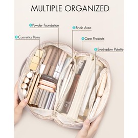 Vlando Travel Makeup Bag,Toiletry Bag for Women PU Leather Open Flat Make up Bag Makeup Organizer Portable Pouch with Divider & Handle-Apricot Pink